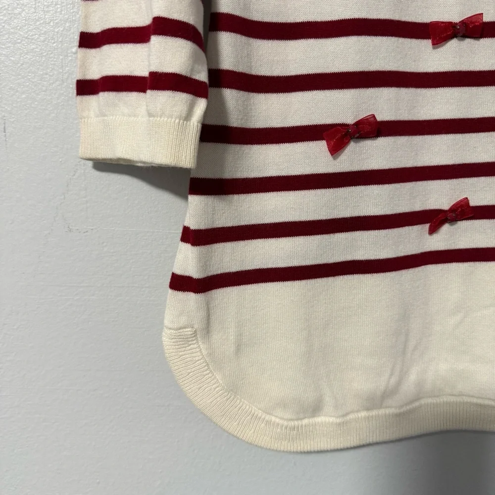 Talbots‎ Women’s Sweater Size MP Ivory Red Stripe Bow Embellished Tunic Pullover